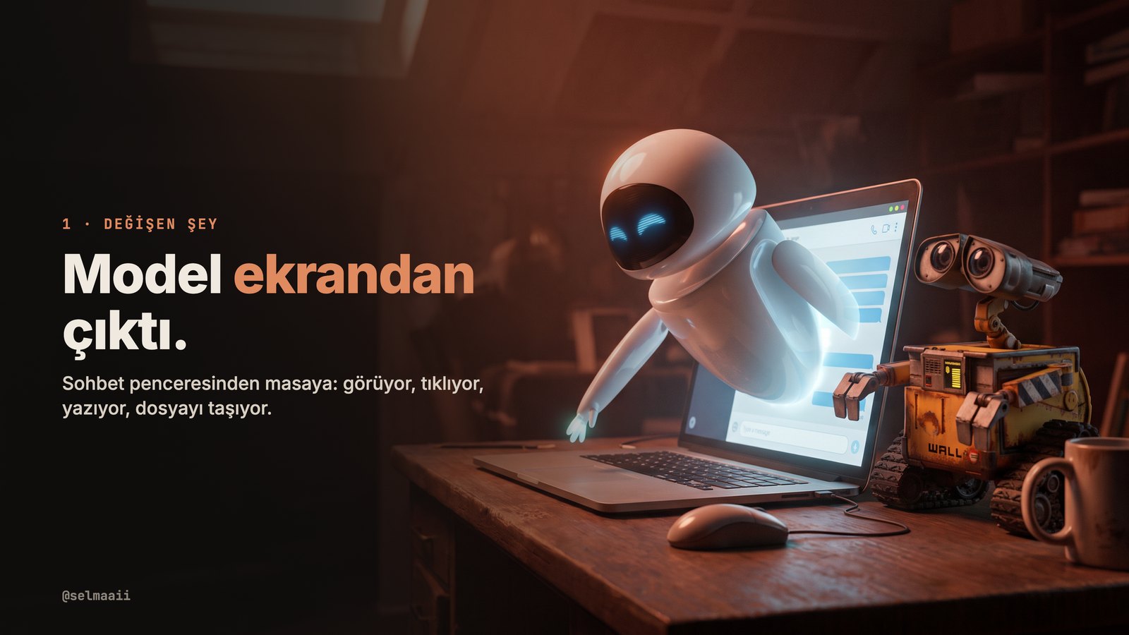 The new model climbs out of the chat window and reaches for the mouse; the old model watches from the side