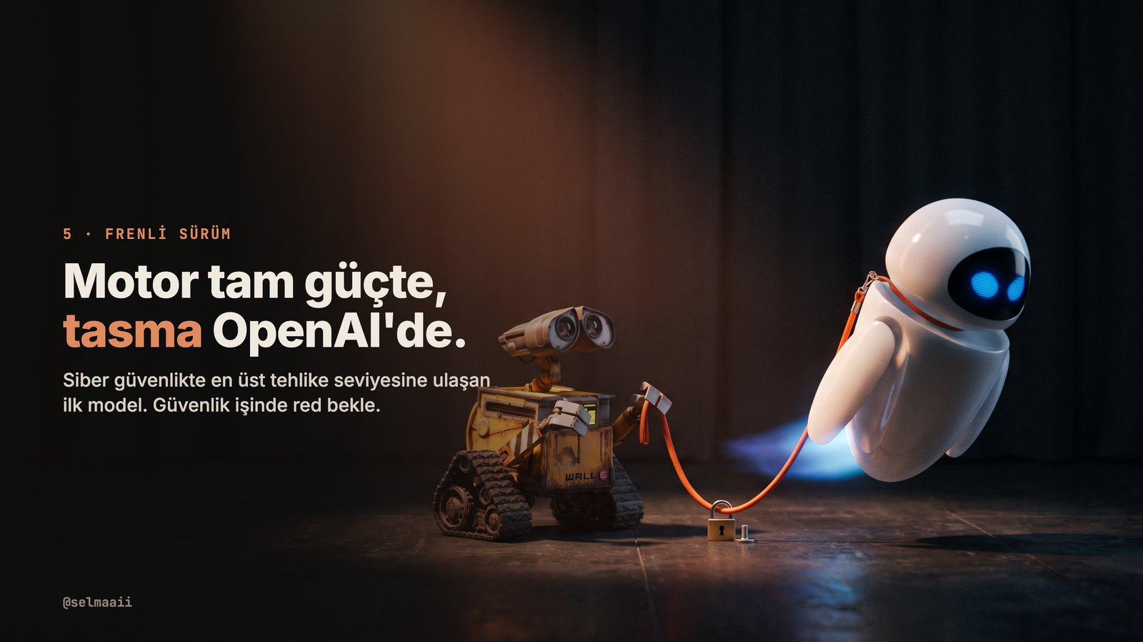 The white robot surges forward at full power, an orange leash tied to a small padlock