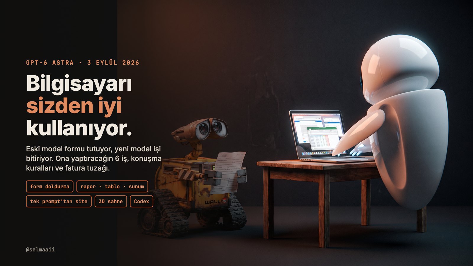 A sleek white robot works at a laptop while a rusty box robot watches, holding a paper form
