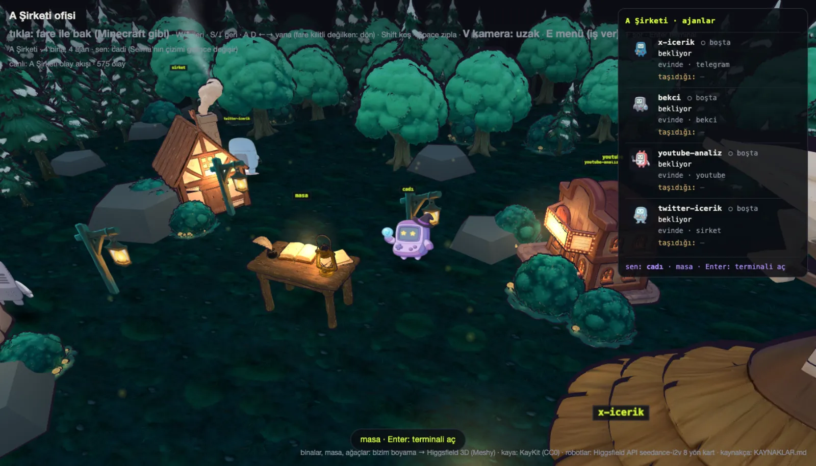 The work desk inside the game: a lantern, an open notebook, a quill and a stool