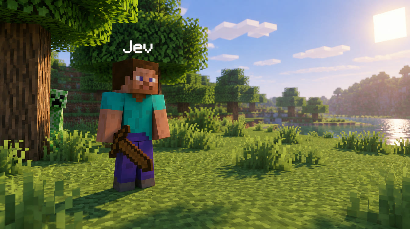 Jev as a Minecraft character, in a forest