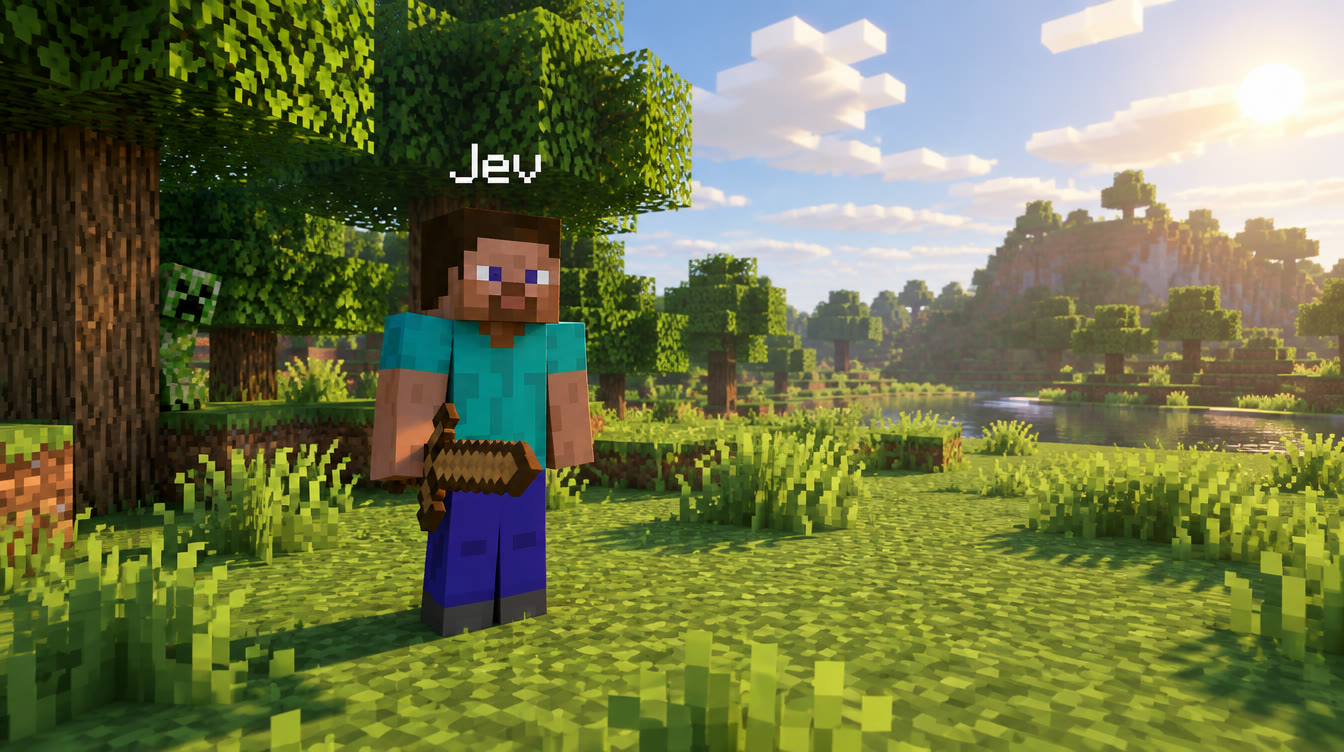 Jev as a Minecraft character, by a lake