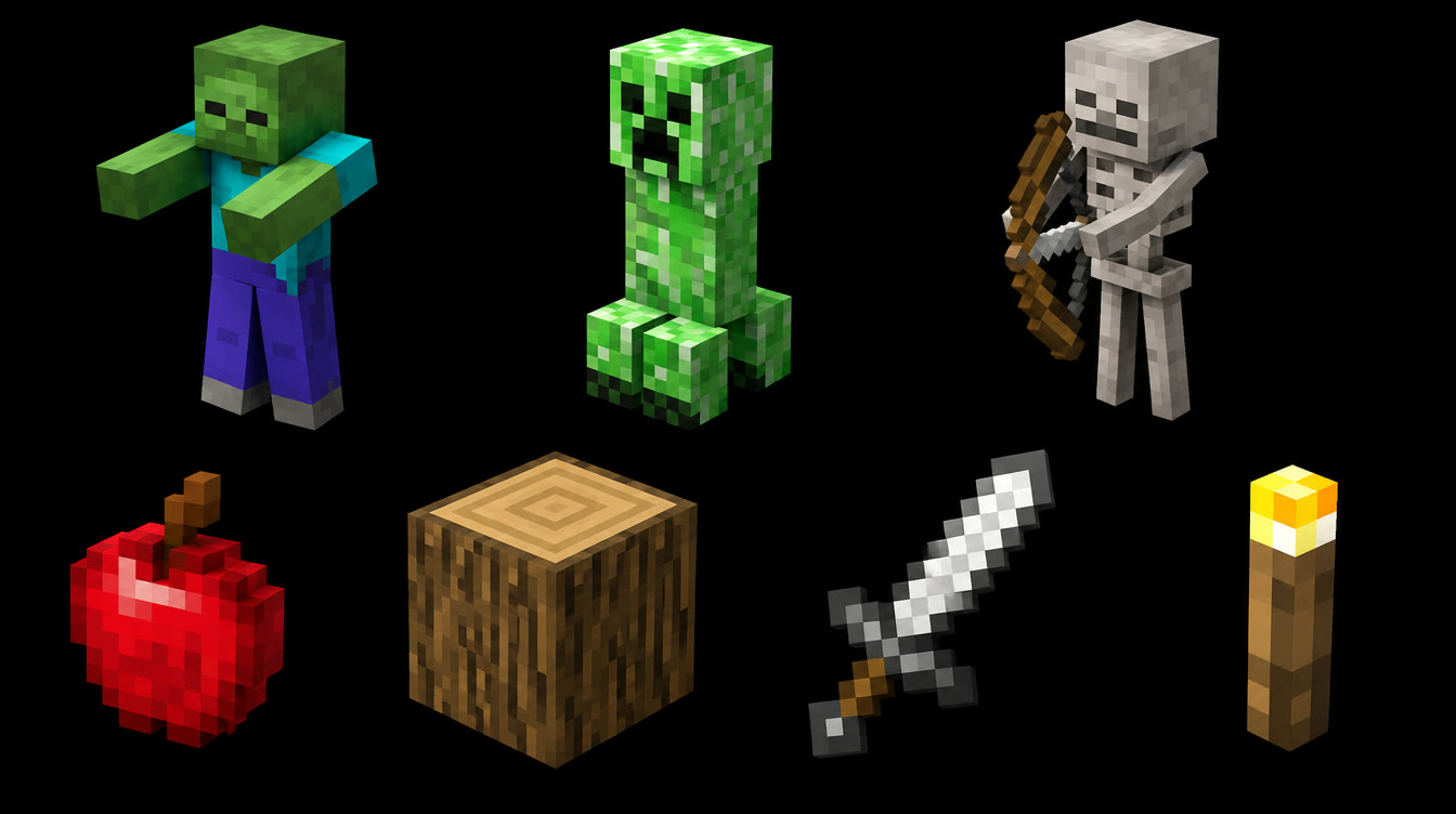 Minecraft figures: zombie, creeper, skeleton, apple, log, sword, torch
