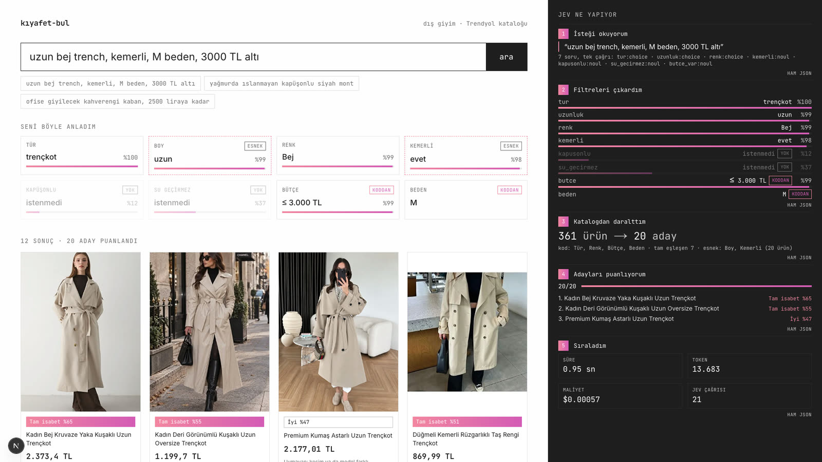 Kıyafet Bul screen: a search for a long beige trench coat and the Jev panel
