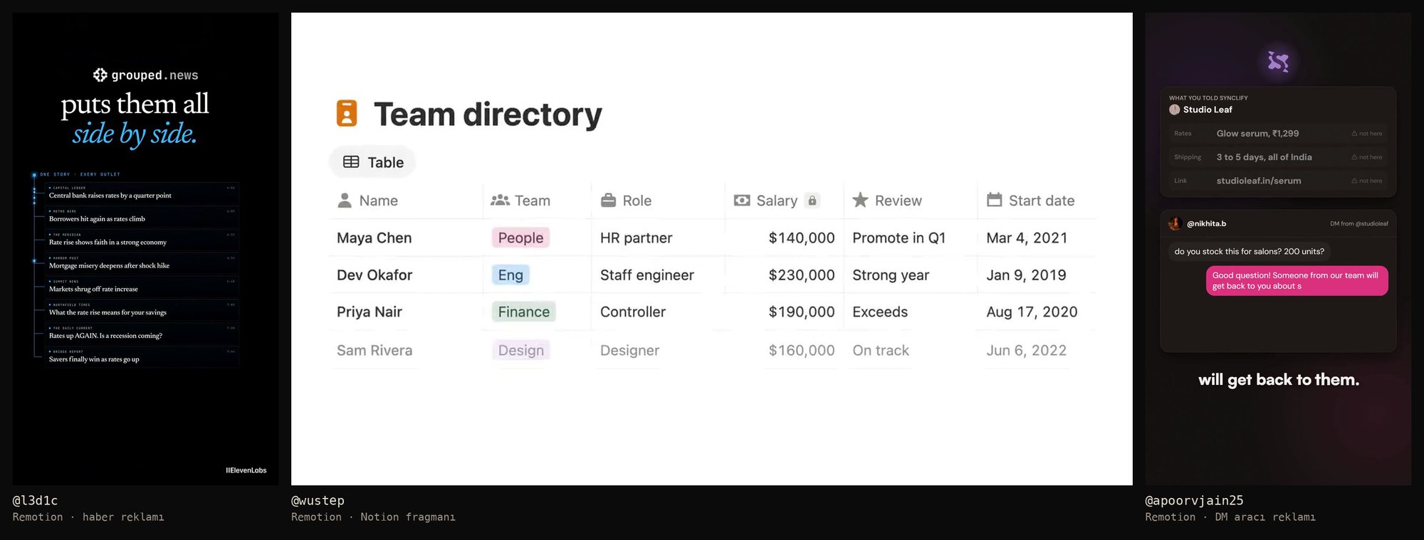 Three Remotion examples from the trend: @l3d1c, @wustep, @apoorvjain25. Source: skillry.dev