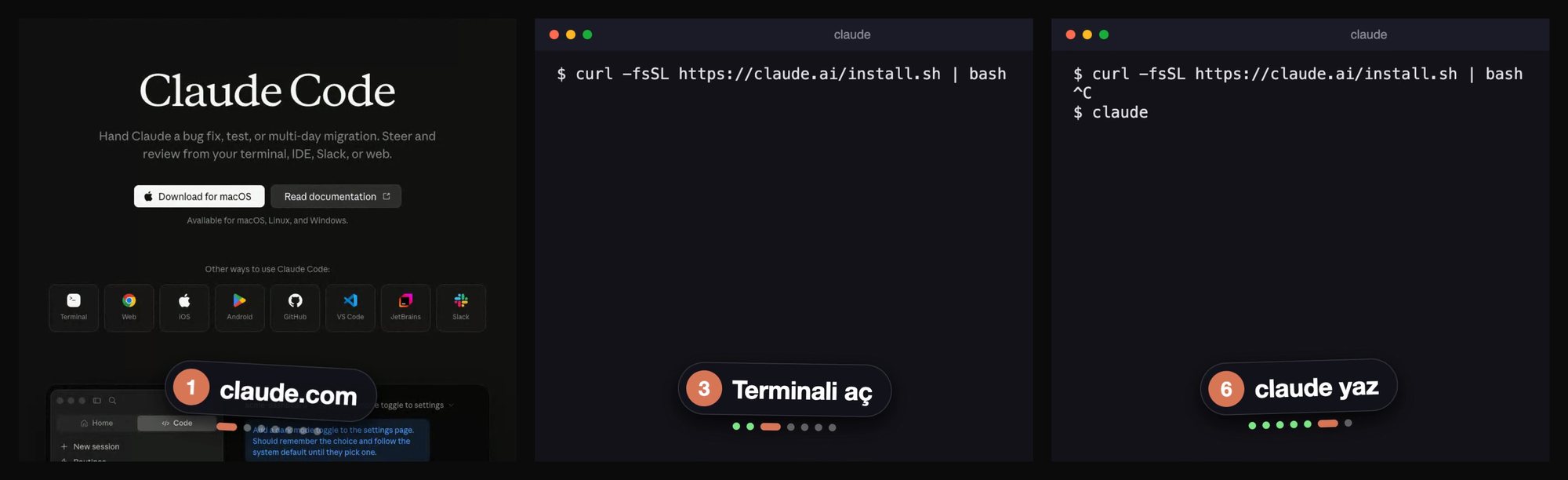 From the setup reel: claude.com, the install command in the terminal, type claude