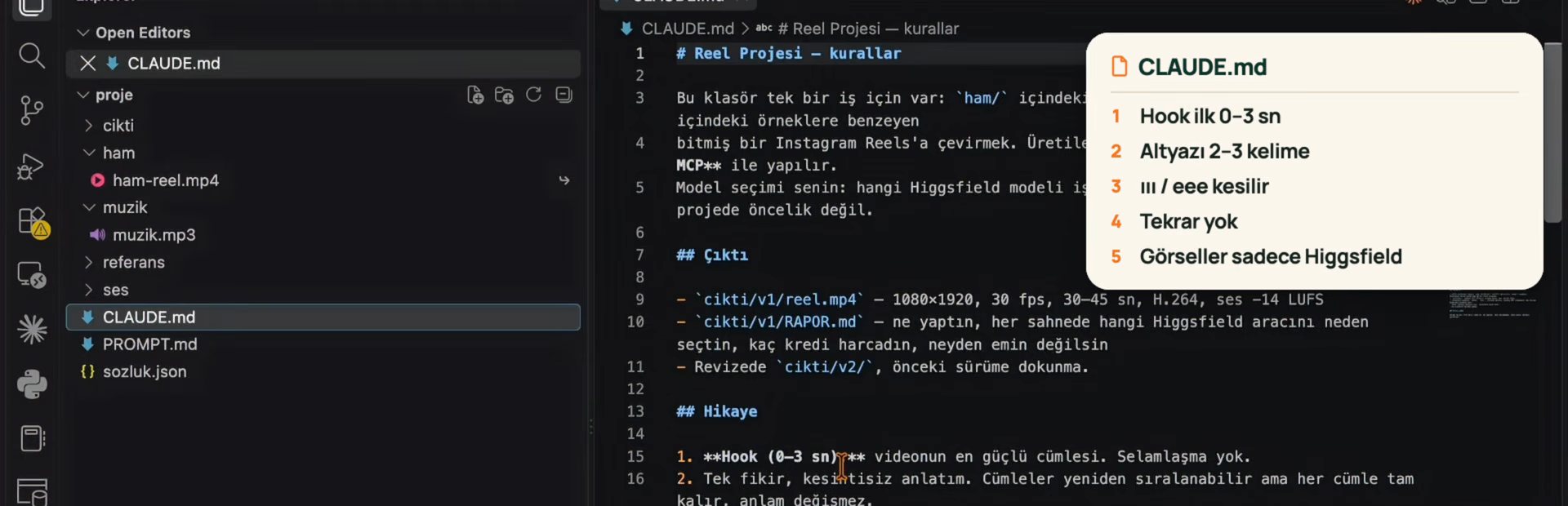 The project folder and CLAUDE.md: hook in the first 3 seconds, subtitles of 2-3 words, ums and repetitions are cut