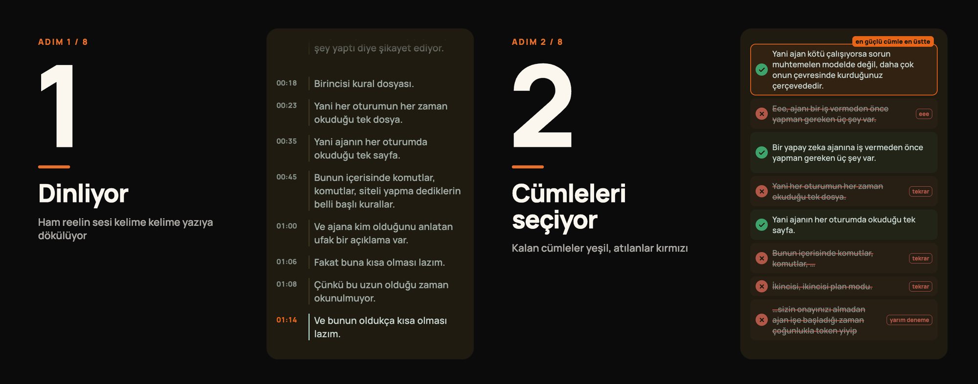 Steps 1 and 2: it transcribes the video word by word; kept sentences in green, dropped ones in red