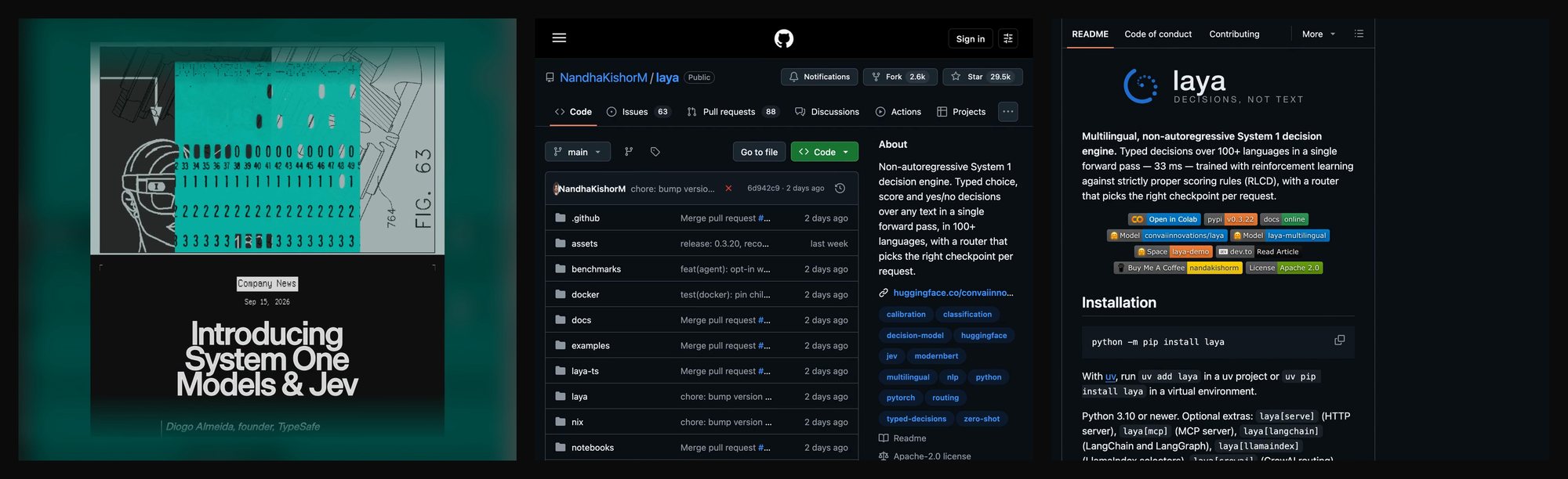 From the Jev reel: the announcement blog and GitHub pages, captured with Playwright in dark mode and scrolled