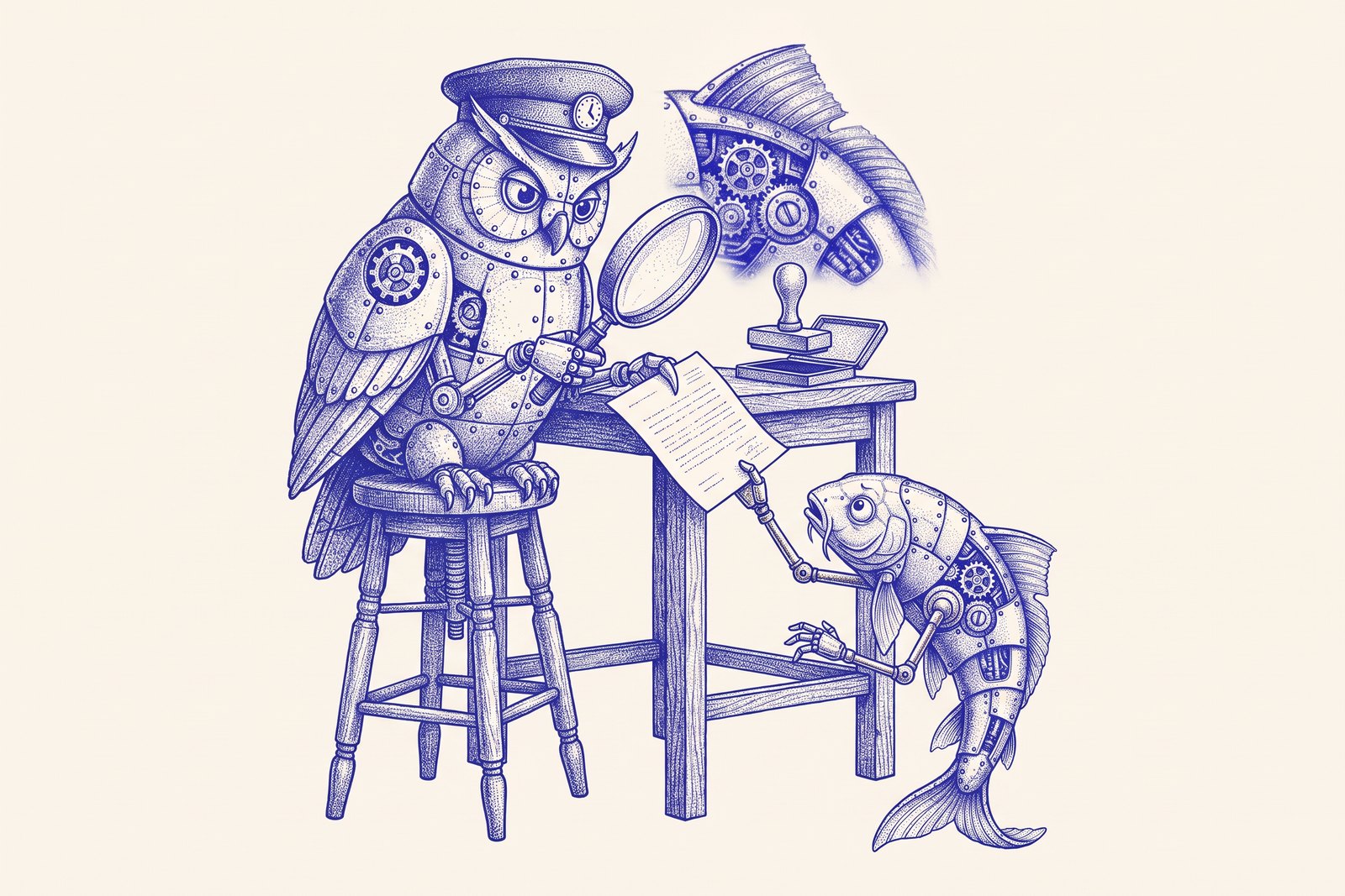 A robot owl in a hat examines a sheet of paper with a magnifying glass at a high desk; a small robot fish holds the paper up from below