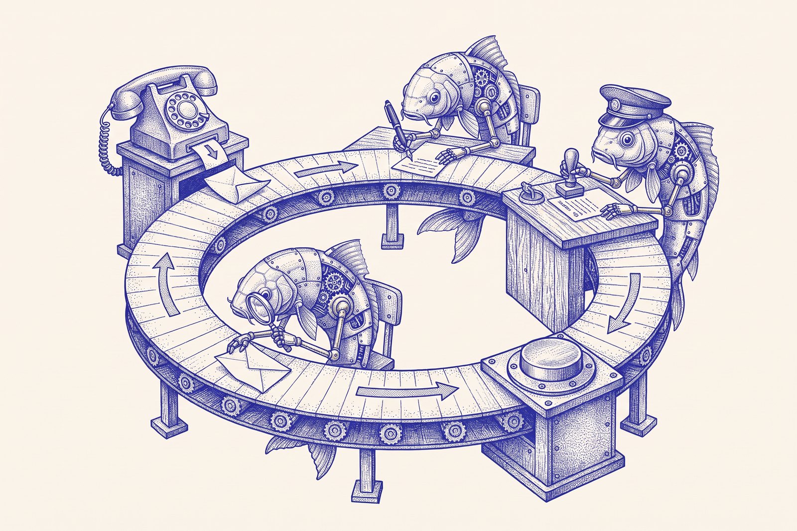 A circular belt: a note dropped from a phone passes a reader fish, a writer fish and a stamping guard, and stops at a big button