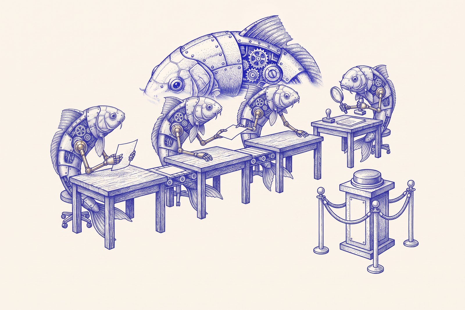Robot fish at desks in a row pass a sheet of paper hand to hand; at the end a big button, roped off