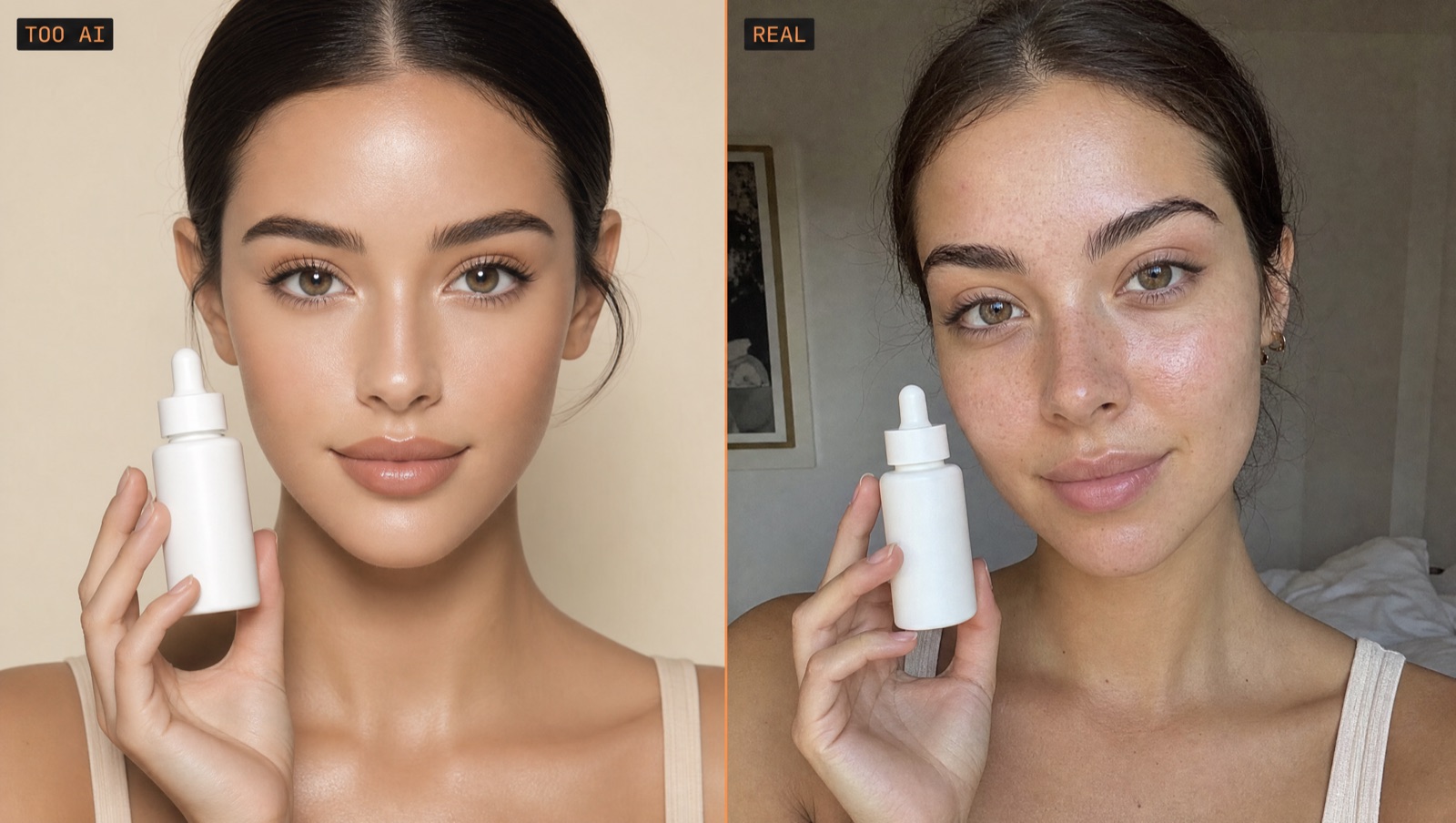Split comparison: an over-smoothed AI face versus a real phone selfie