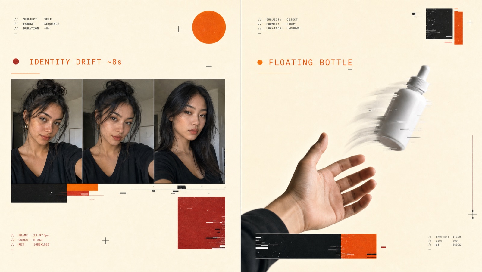 Left: a face drifting into a different person over three frames. Right: a bottle glitching mid-air.