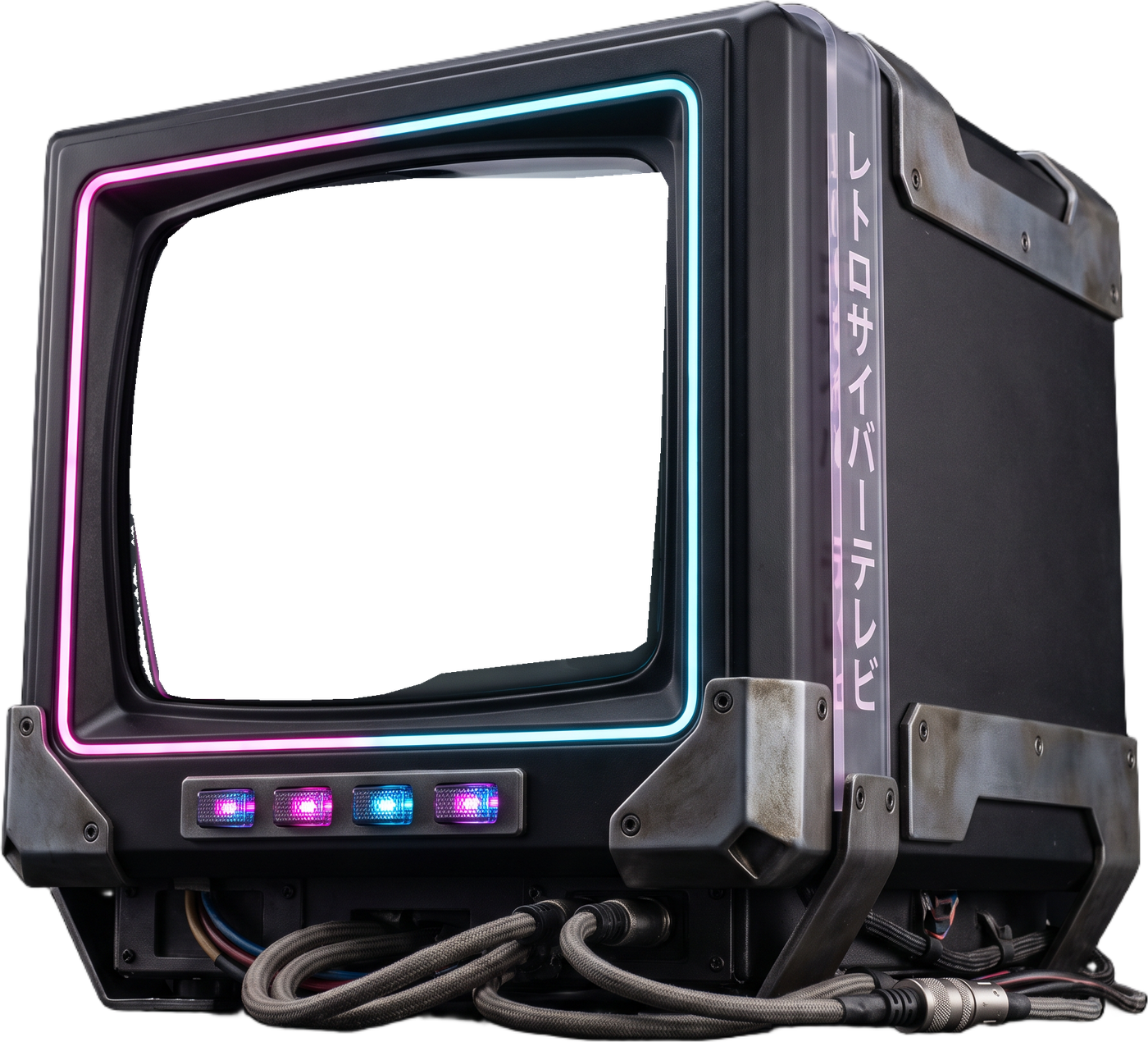 A black cyberpunk CRT with neon edges and cables — the fish come home