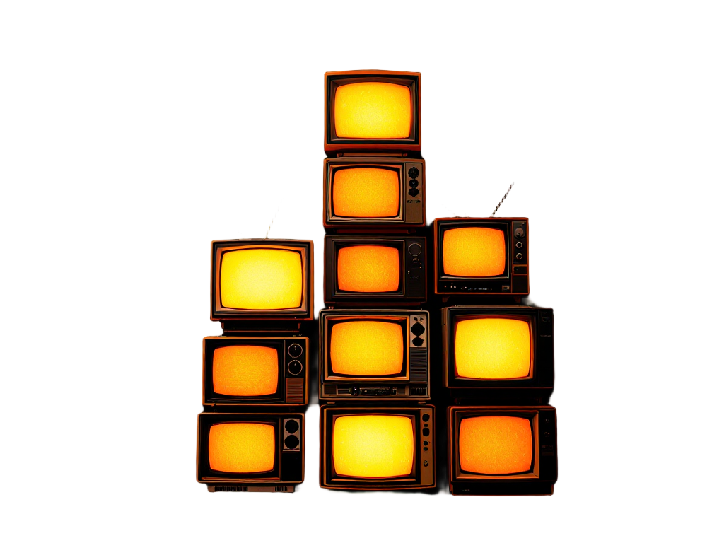 A stack of eleven retro televisions, four of them showing the selected builds