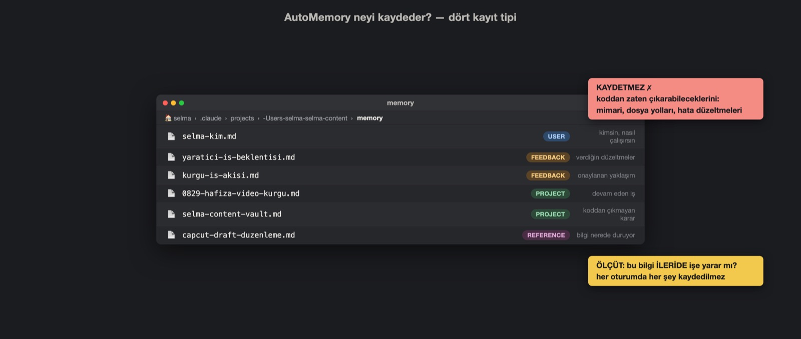 Real files in the memory folder with their four type labels: user, feedback, project, reference