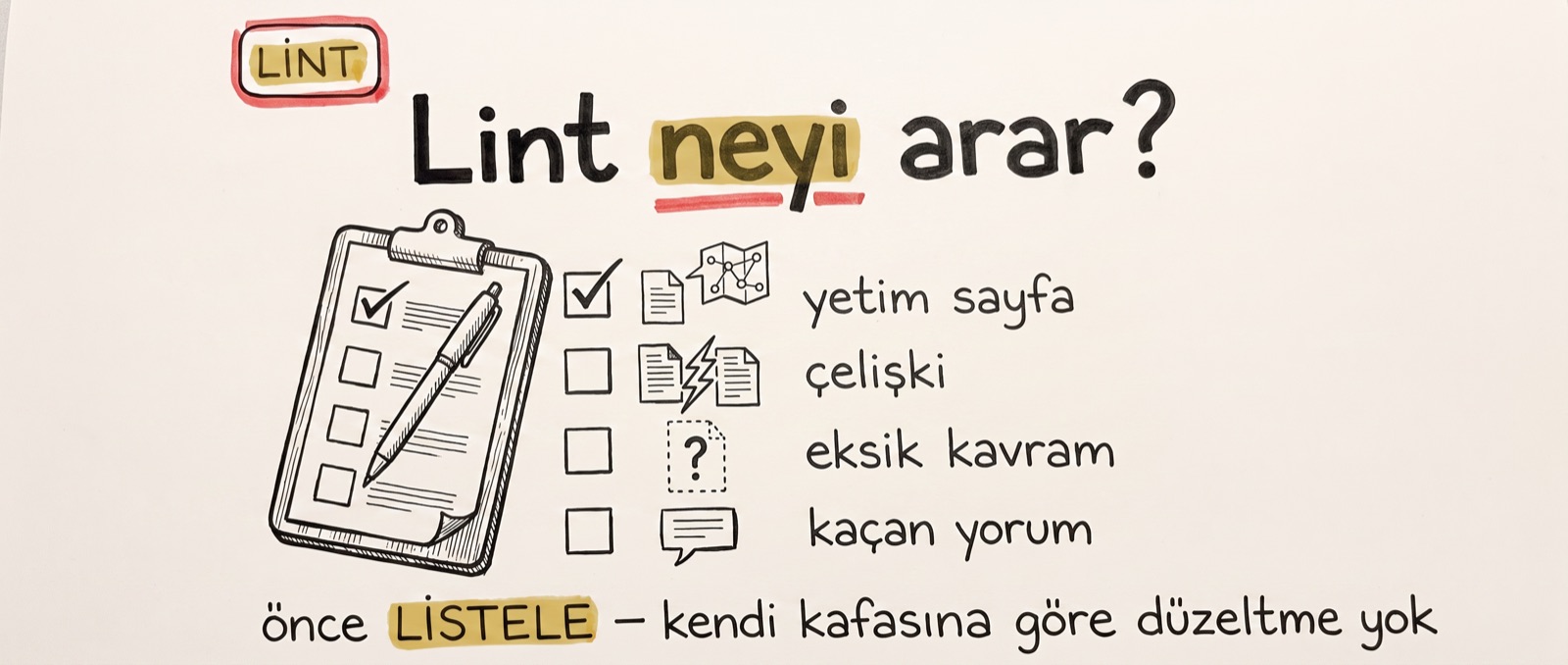 What lint looks for: orphan pages, contradictions, missing concepts, stray comments