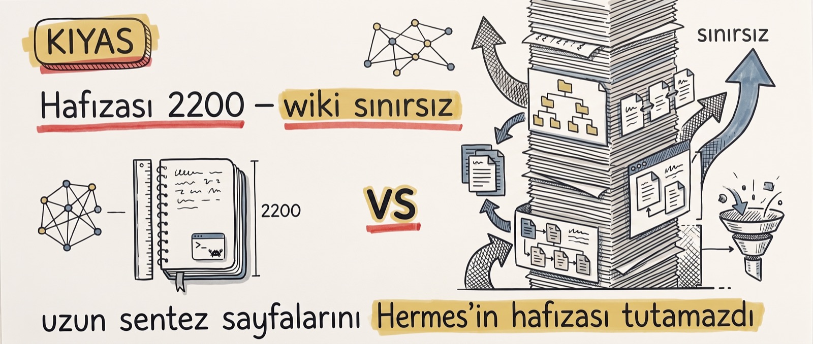 Comparison: Hermes's memory is 2,200 characters, the wiki is unbounded